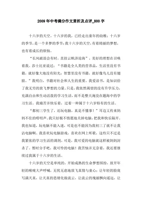 2009年中考满分作文赏析及点评_800字