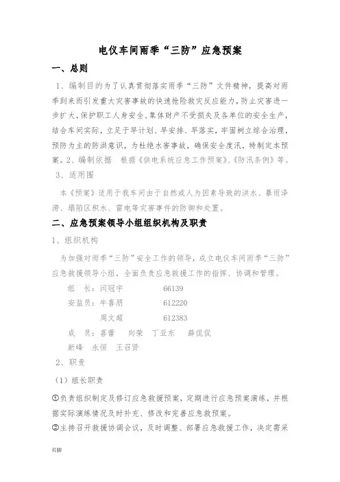 2017年电仪车间雨季“三防”应急处置预案