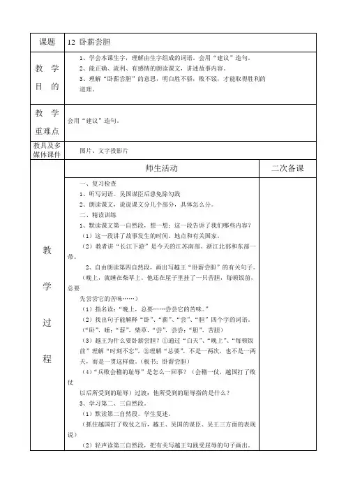 《卧薪尝胆》第二课时教学设计
