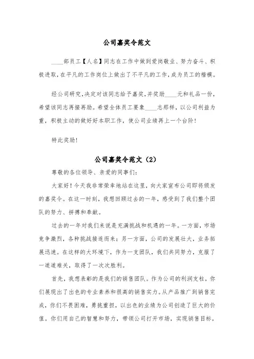 公司嘉奖令范文（2篇）