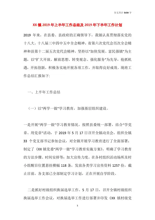 XX镇2019年上半年工作总结及2020年下半年工作计划