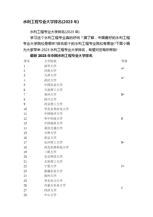 水利工程专业大学排名（2023年）