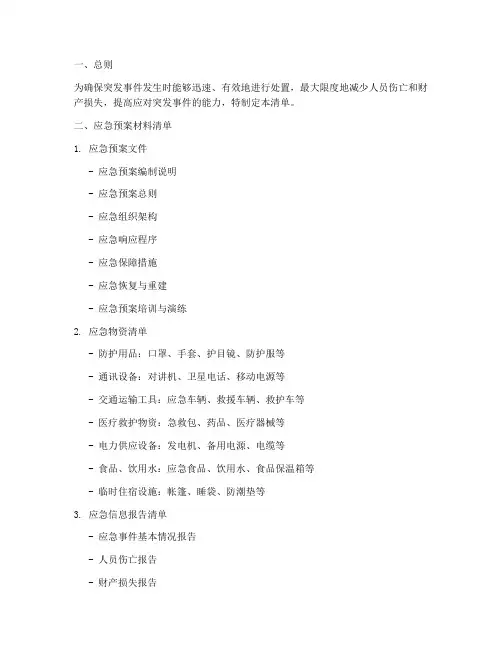 应急预案材料清单