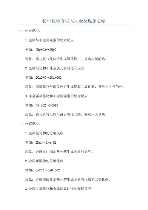 初中化学方程式大全及现象总结