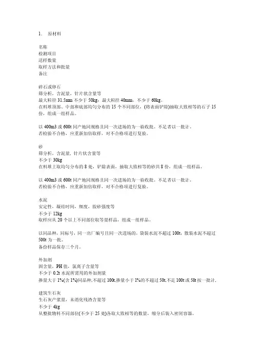 原材料名称检测项目送样数量取样方法和批量备注碎石或卵石