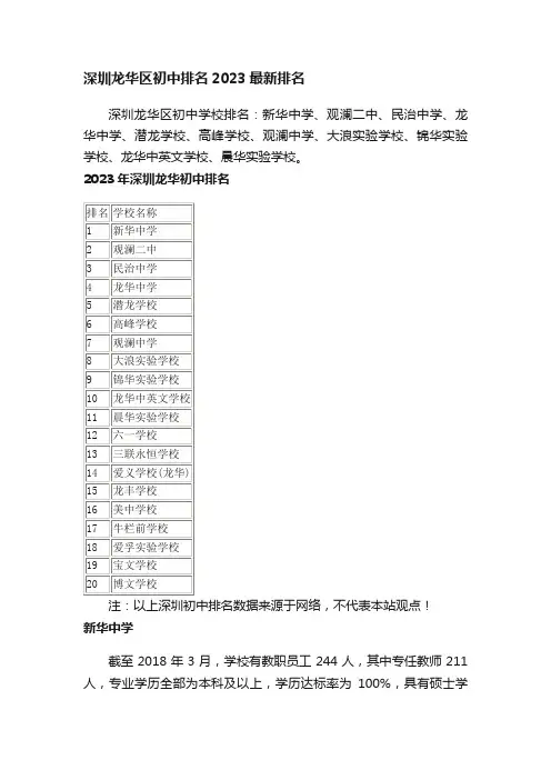 深圳龙华区初中排名2023最新排名