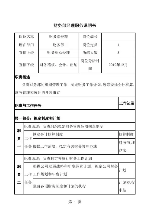 房地产开发公司财务部经理职务说明书WORD7页