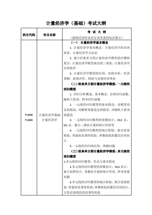 计量经济学基础考试大纲