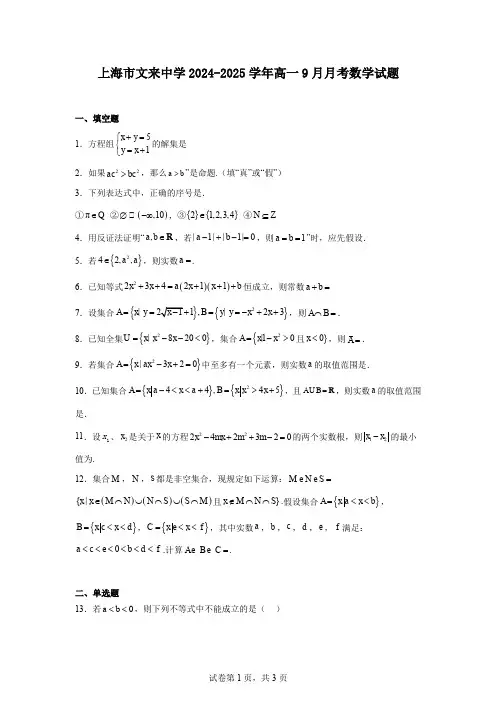 上海市文来中学2024-2025学年高一9月月考数学试题