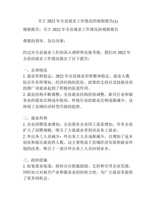 关于2022年全县就业工作情况的视察报告(1)