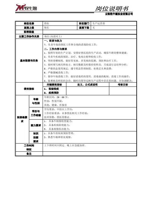 牧场岗位职责说明书(兽医)