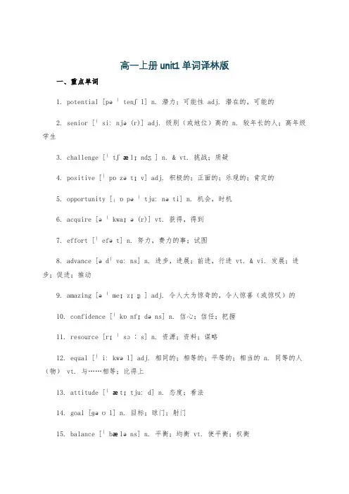 高一上册unit1单词译林版