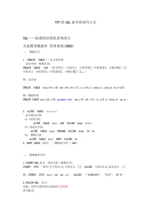 VFP的SQL命令和语句大全