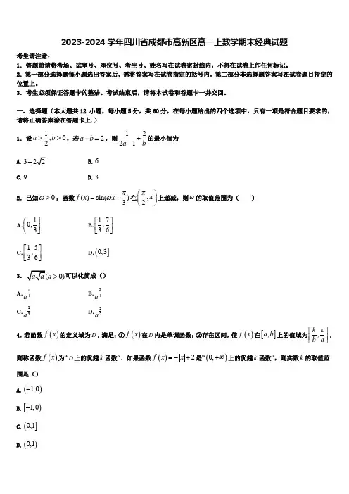 2023-2024学年四川省成都市高新区高一上数学期末经典试题含解析