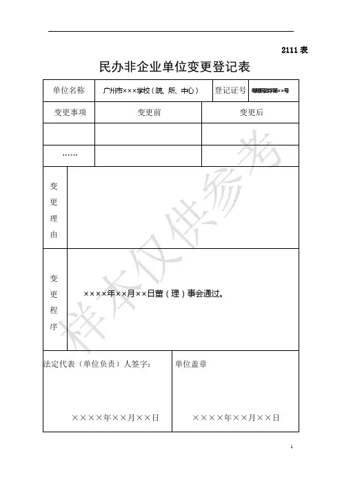民办非企业单位变更登记表