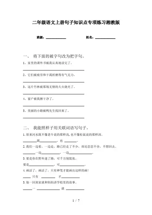 二年级语文上册句子知识点专项练习湘教版