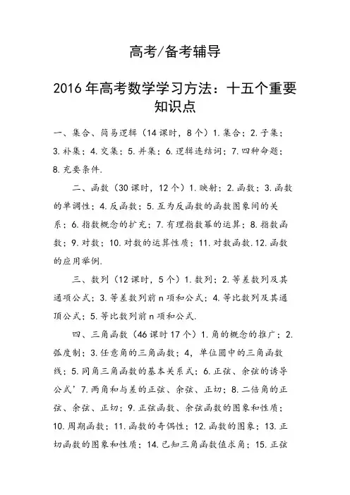 2016年高考数学学习方法：十五个重要知识点