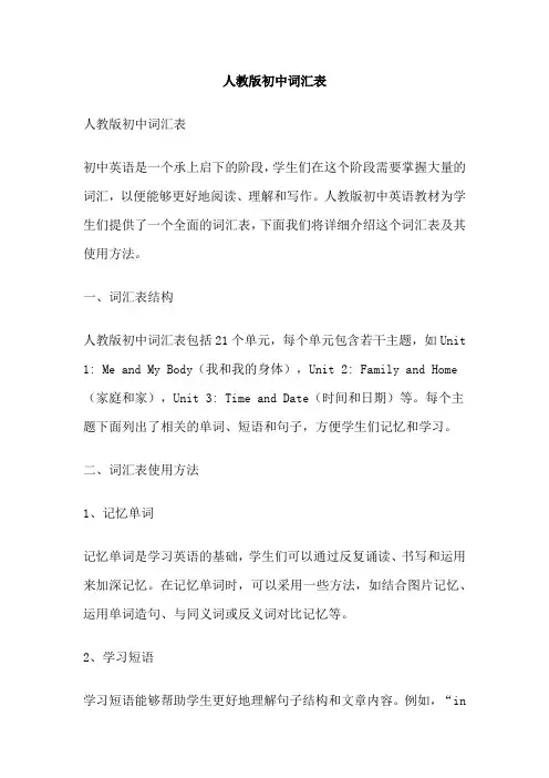 人教版初中词汇表