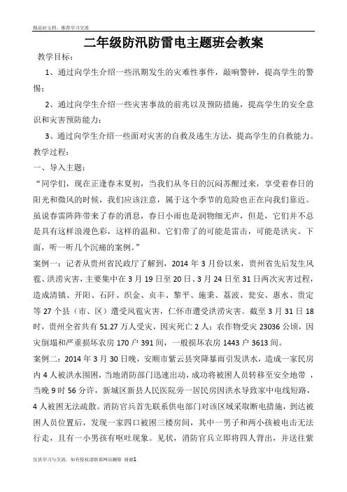 最新二年级防汛防雷电主题班会教案