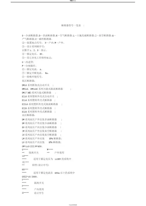 断路器型号一览表