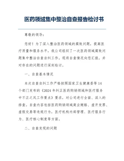 医药领域集中整治自查报告检讨书