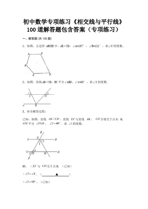 (典型题)初中数学专项练习《相交线与平行线》100道解答题包含答案(专项练习)