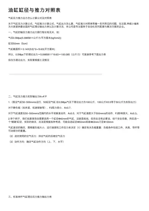 油缸缸径与推力对照表