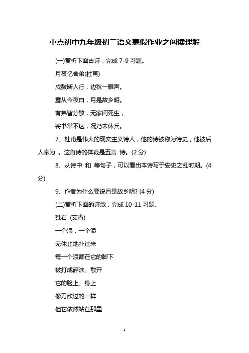 重点初中九年级初三语文寒假作业之阅读理解