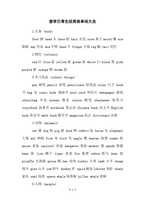 留学日常生活英语单词大全