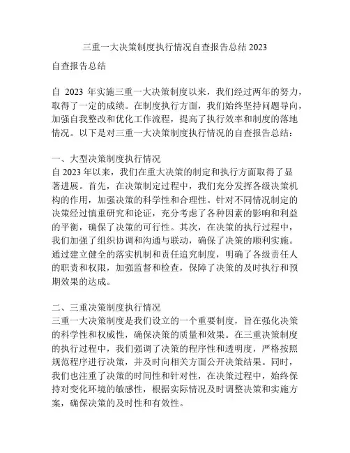 三重一大决策制度执行情况自查报告总结2023