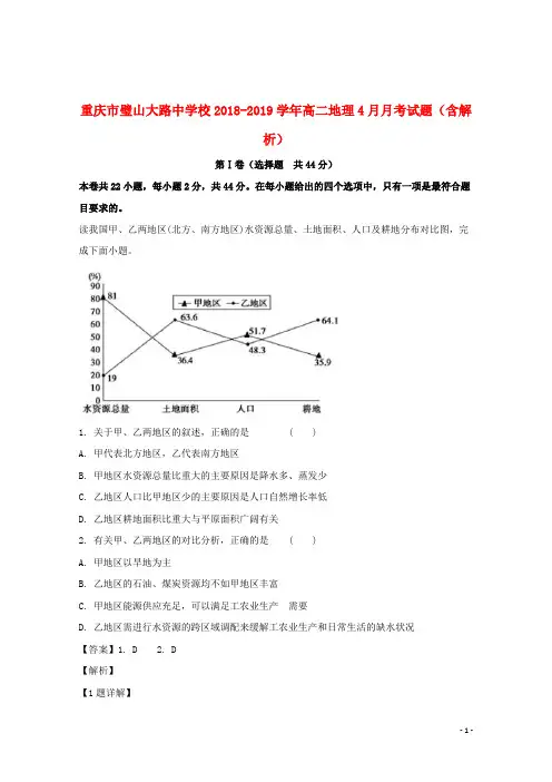 重庆市璧山大路中学校2018_2019学年高二地理4月月考试题(含解析)