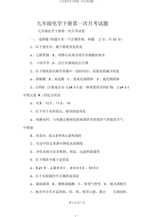 九年级化学下册第一次月考试题