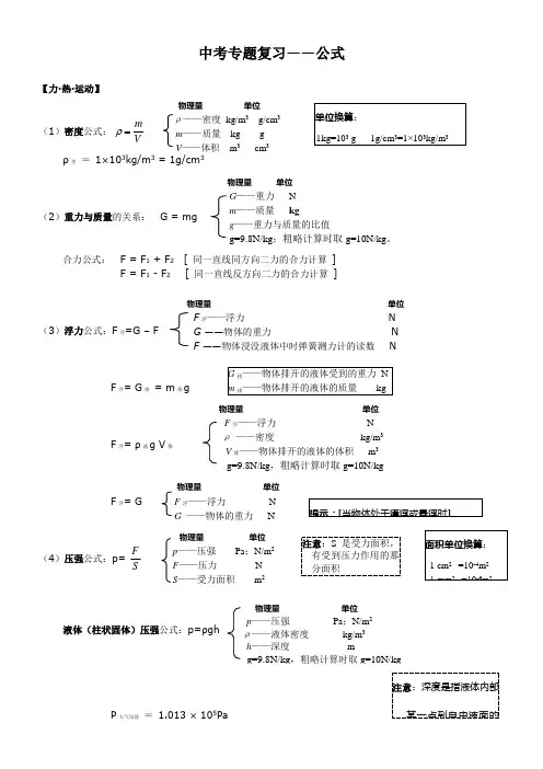 新人教版物理中考专题公式的复习(全部公式,推荐)