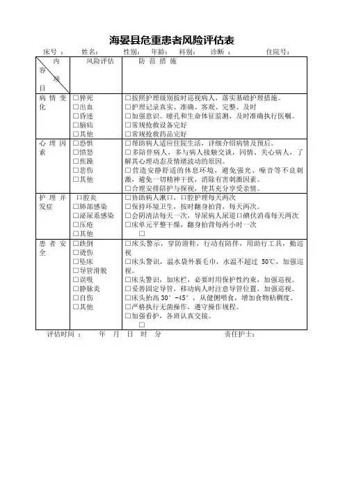 危重患者风险评估表