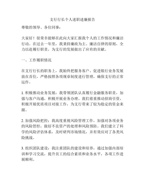 支行行长个人述职述廉报告