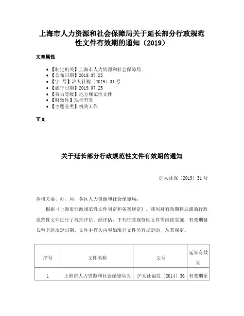 上海市人力资源和社会保障局关于延长部分行政规范性文件有效期的通知（2019）