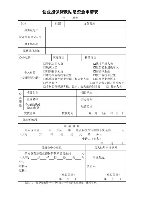 创业担保贷款贴息资金申请表