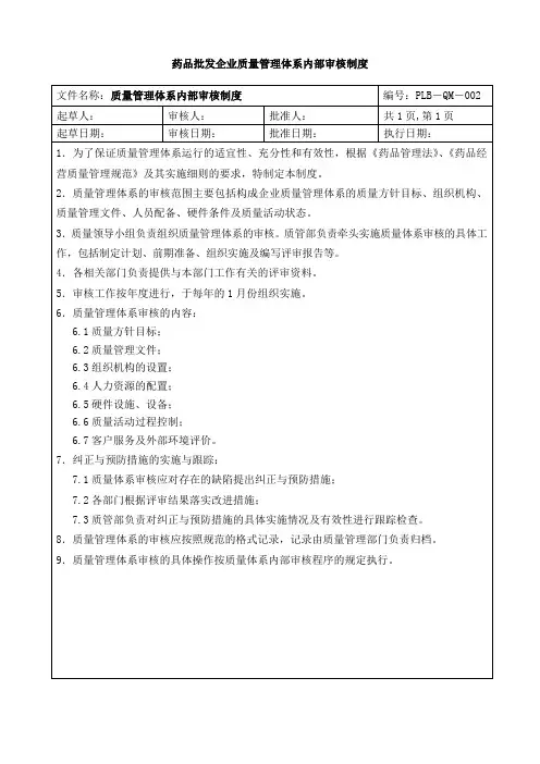 药品批发企业质量管理体系内部审核制度
