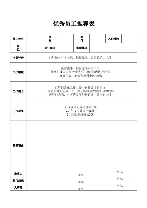 优秀员工推荐表Excel模板