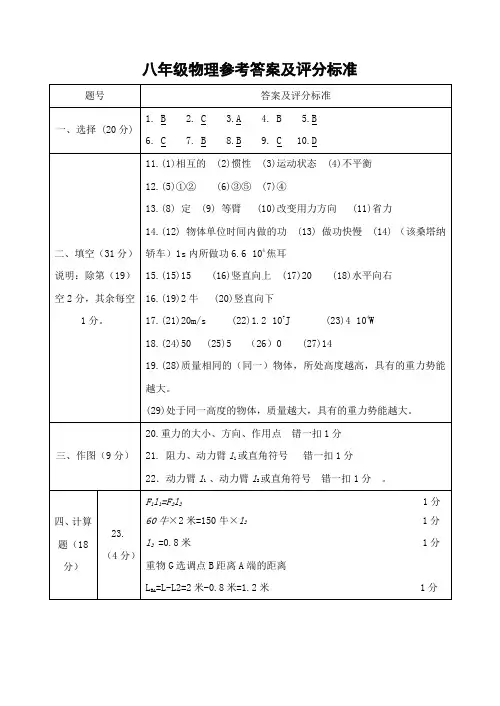 八年级物理参考答案及评分标准