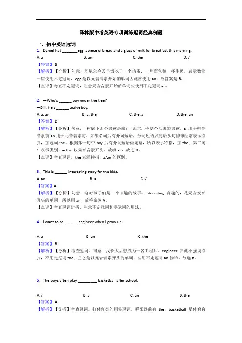 译林版中考英语专项训练冠词经典例题