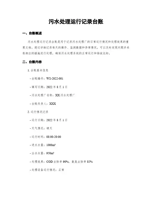 污水处理运行记录台账