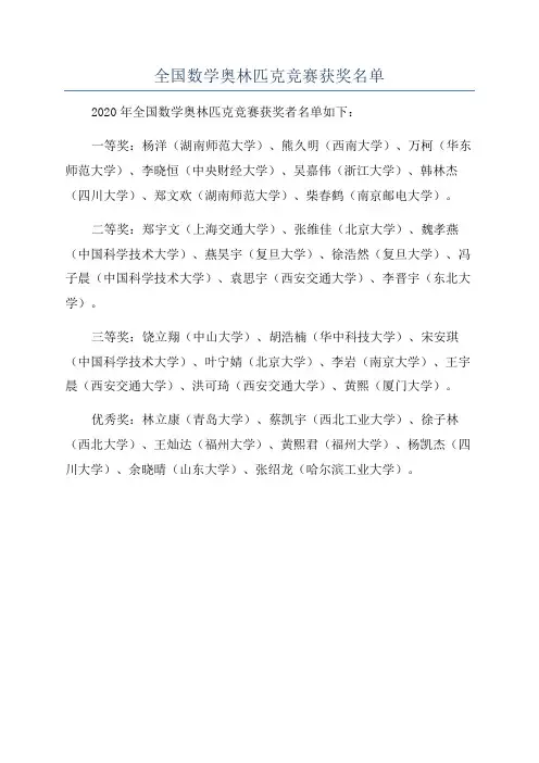 全国数学奥林匹克竞赛获奖名单