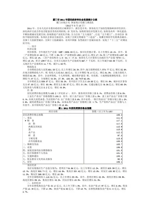 厦门市2011年国民经济和社会发展统计公报