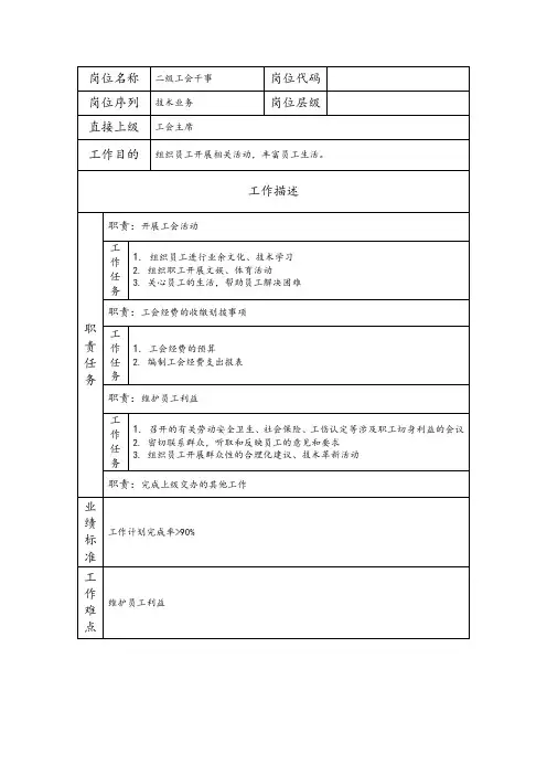 二级工会干事--工业制造类岗位职责说明书