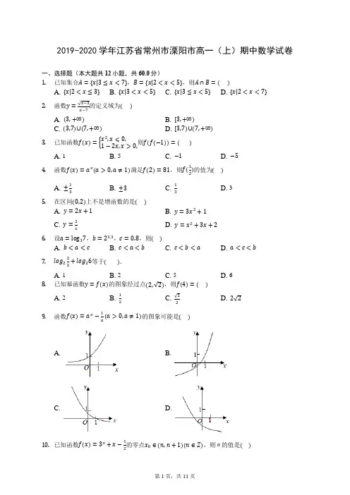 2019-2020学年江苏省常州市溧阳市高一(上)期中数学试卷 727(解析版)