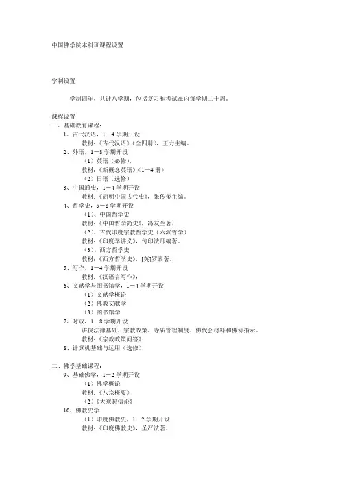 中国佛学院本科班课程设置