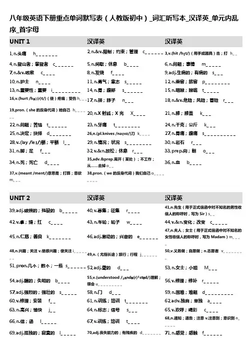 16,八年级英语下册重点单词默写表(人教版初中)_词汇听写本_汉译英_单元内乱序_首字母