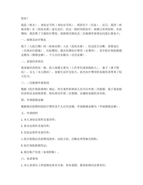 医院二次报销申请书范文