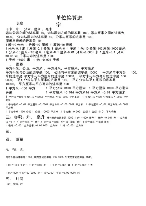 小学数学单位换算进率表大全